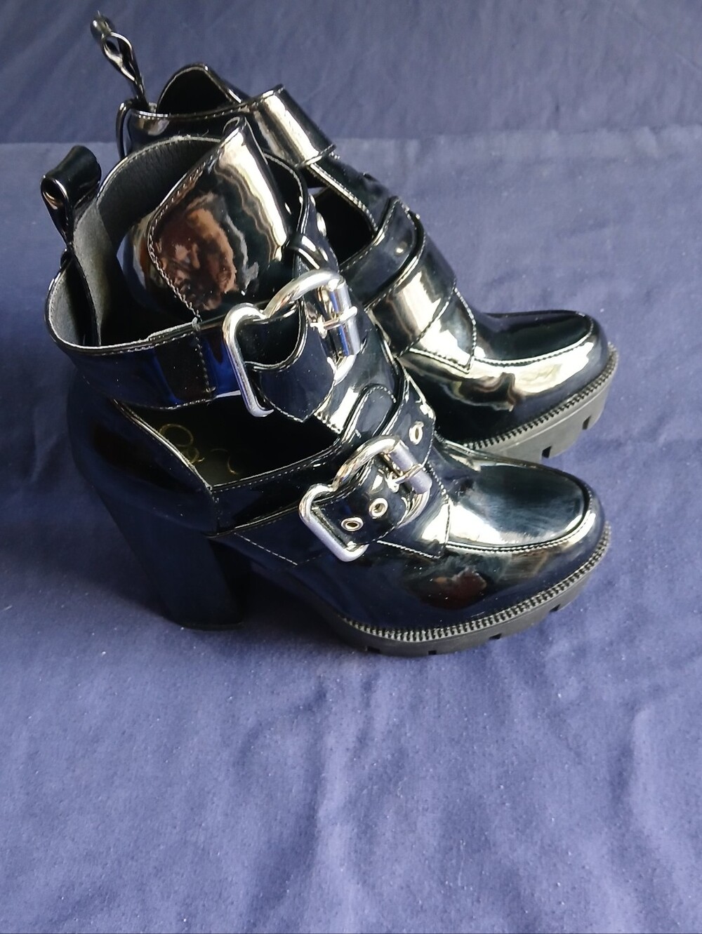 Fashion Nova Black Patent Buckle Heeled Ankle Boots